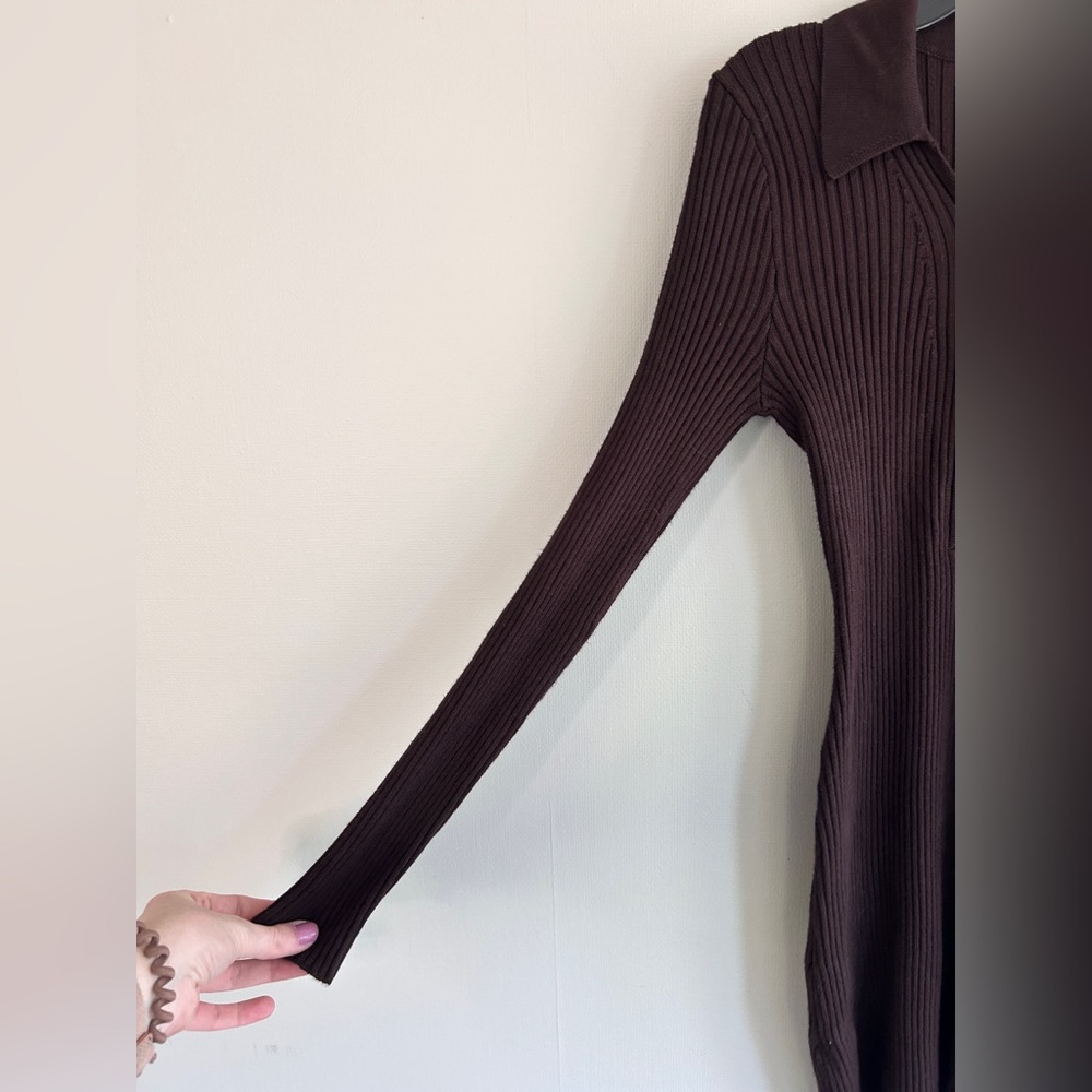 Y2K ABERCROMBIE & FITCH Chocolate Brown Ribbed Knit Polo Bodycon Mini Dress Sz S - Picture 4 of 10